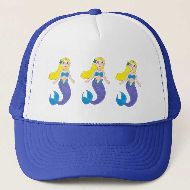 Blonde Swimming Mermaid Girl Purple Tail Ocean Sea Trucker Hat (Front)