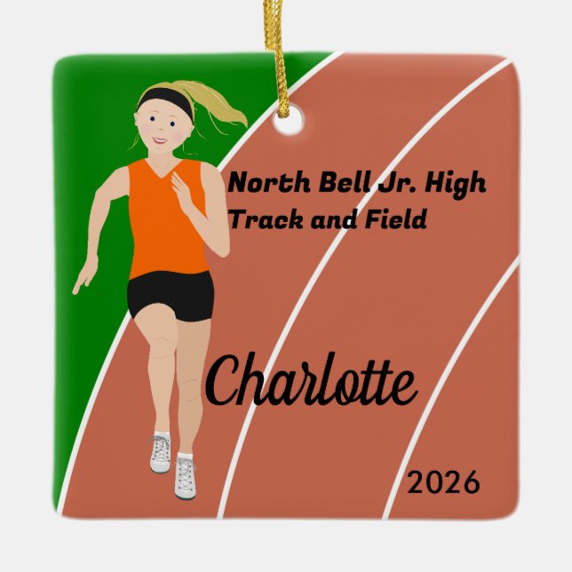 Blonde Track and Field Girl in Orange Black Ceramic Ornament (Front)