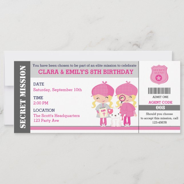 Blonde Twins Girl Spy / Detective Ticket Birthday Invitation (Front)