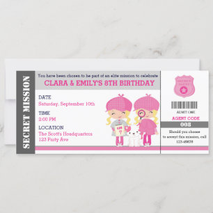 Blonde Twins Girl Spy / Detective Ticket Birthday Invitation