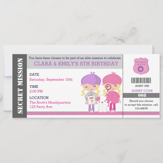 Blonde Twins Girls Spy / Detective Ticket Birthday Invitation (Front)