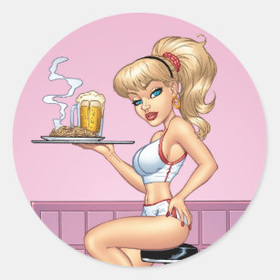 Blonde Waitress Serving Plate Of Food and Beer Classic Round Sticker