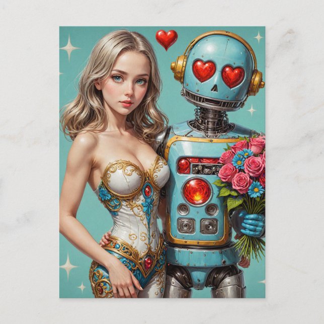 Blonde Woman and a Robot Found Love Postcard (Front)