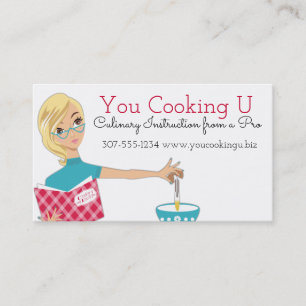 Blonde woman cooking baking cracking eggs business card