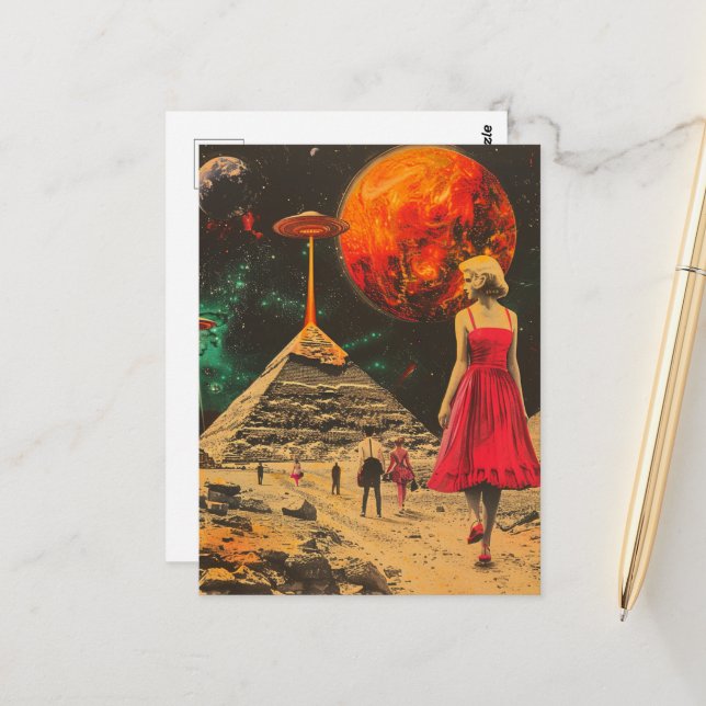 Blonde Woman in Red Dress With UFOs at Pyramid Postcard (Front/Back In Situ)