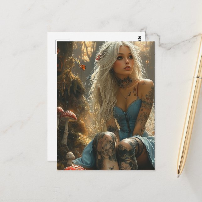 Blonde Woman in the Mushroom Forest Postcard (Front/Back In Situ)