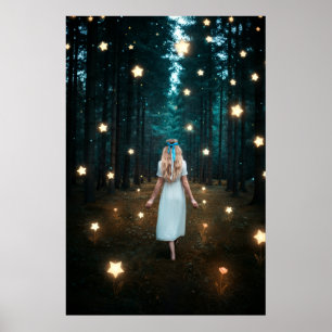 Blonde Woman in White Dress Walking Through Enchan Poster