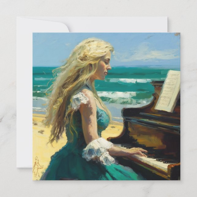 Blonde woman playing piano at the beach thank you card (Front)