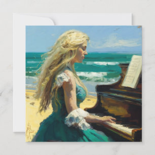Blonde woman playing piano at the beach thank you card