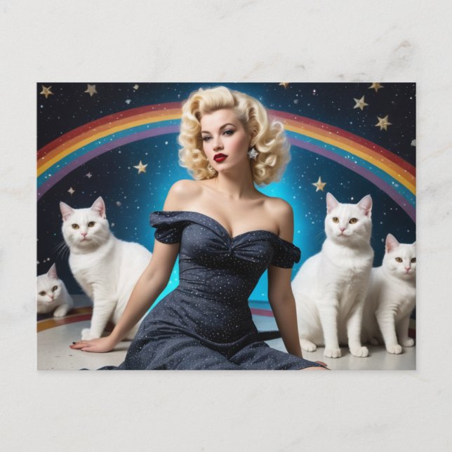 Blonde Woman White Cats Rainbow Postcard (Front)
