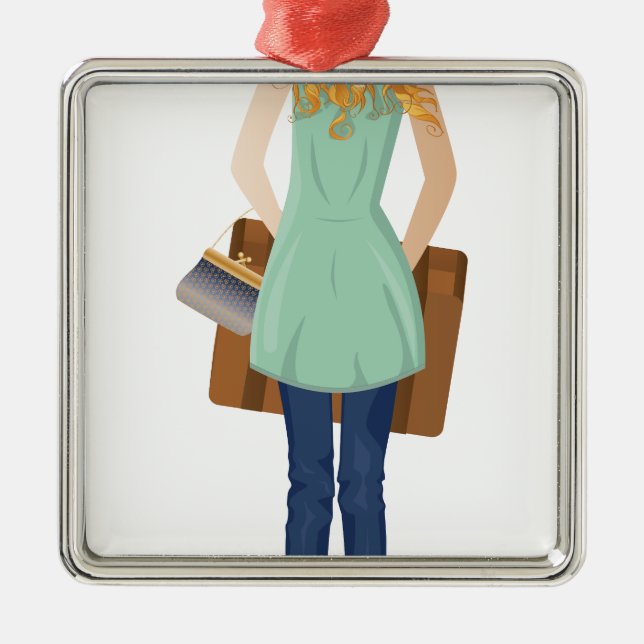 Blonde Woman with Suitcase Metal Tree Decoration (Front)