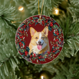 Blonde Yellow Cute Corgi Christmas  Xmas wreath re Ceramic Ornament