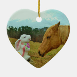 Blonde Yellow horse & Easter Bunny Ceramic Ornament