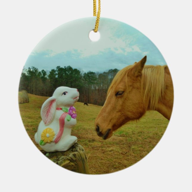 Blonde Yellow horse & Easter Bunny Ceramic Ornament (Front)