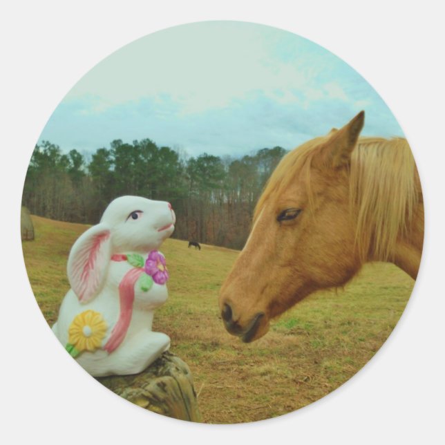Blonde Yellow horse & Easter Bunny Classic Round Sticker (Front)