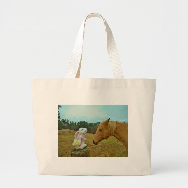 Blonde Yellow horse & Easter Bunny Large Tote Bag (Front)
