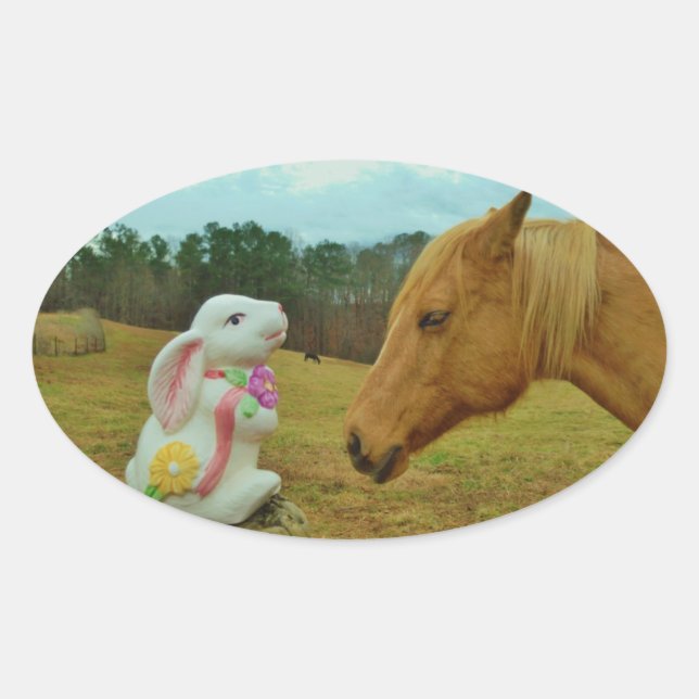 Blonde Yellow horse & Easter Bunny Oval Sticker (Front)