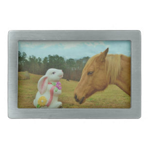 Blonde Yellow horse & Easter Bunny Rectangular Belt Buckle