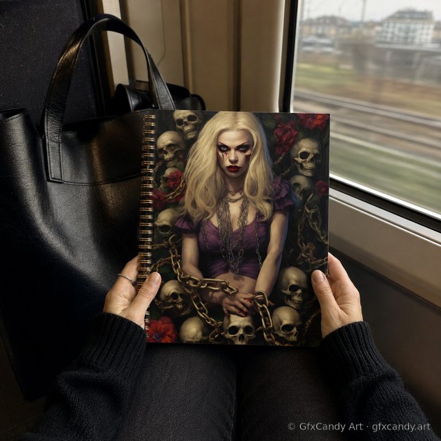 Blonde Zombie Gothic Planner | Collector Edition (Blonde zombie gothic planner held on a train, with skull and floral artwork.)