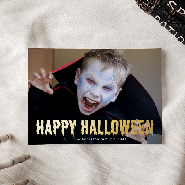 Blood Drips Happy Halloween Photo Foil Holiday Card (Creator Uploaded)
