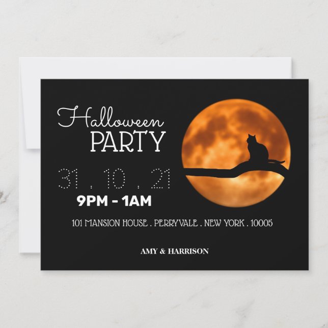 Blood Moon & Cat Silhouette Halloween Party Invite (Front)