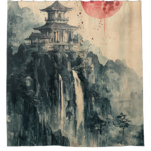 Blood Moon Pagoda Ink Wash Shower Curtain