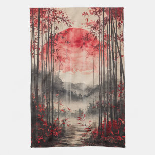 Blood Moon Sakura Ink Wash (1) Tea Towel