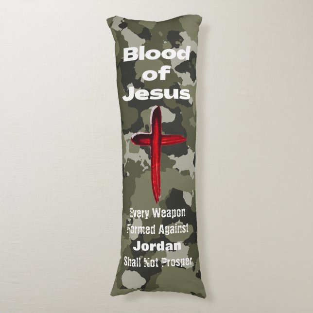 Blood of Jesus Green Camo Personalised Prayer Body Cushion (Front Vertical)