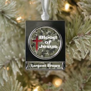 Blood of Jesus Green Camo Personalised Prayer Silver Plated Banner Ornament