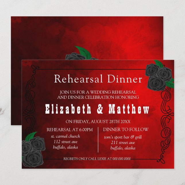 Blood Red and Black Roses Rehearsal Dinner Invitation (Front/Back)