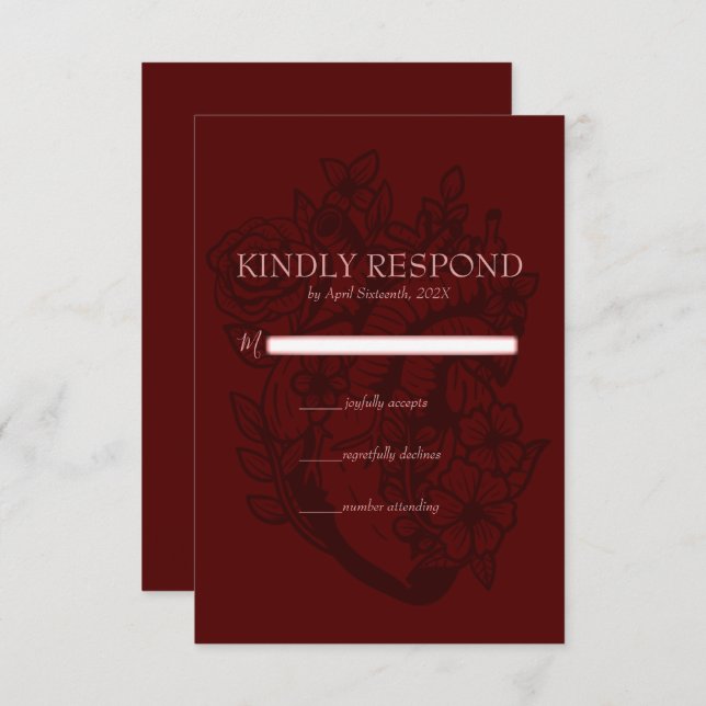 Blood Red Blooming Heart Elegant Gothic Wedding RSVP Card (Front/Back)