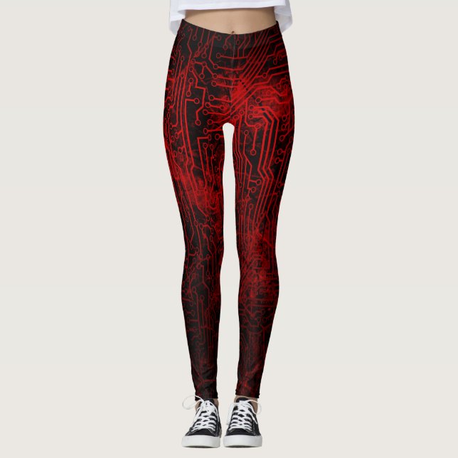 Blood Red Circuit Board Veins Leggings (Front)