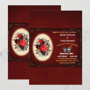 Blood Red Floral Gothic Skull Halloween Wedding Invitation