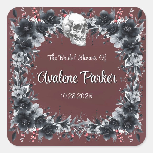 Blood Red Gothic Black Floral Bridal Shower Square Sticker (Front)
