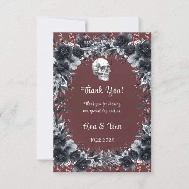 Blood Red Gothic Black Floral Skull Wedding Thank You Card (Front)