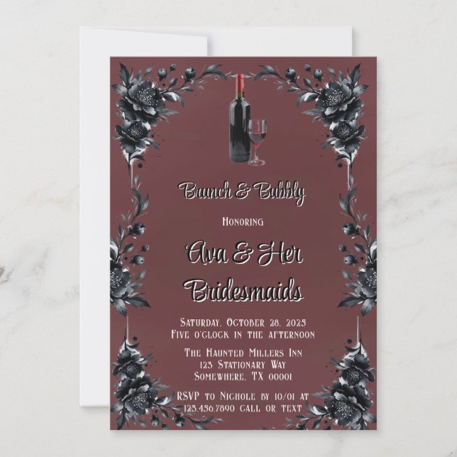 Blood Red Gothic Black Floral Wine Brunch & Bubbly Invitation (Front)