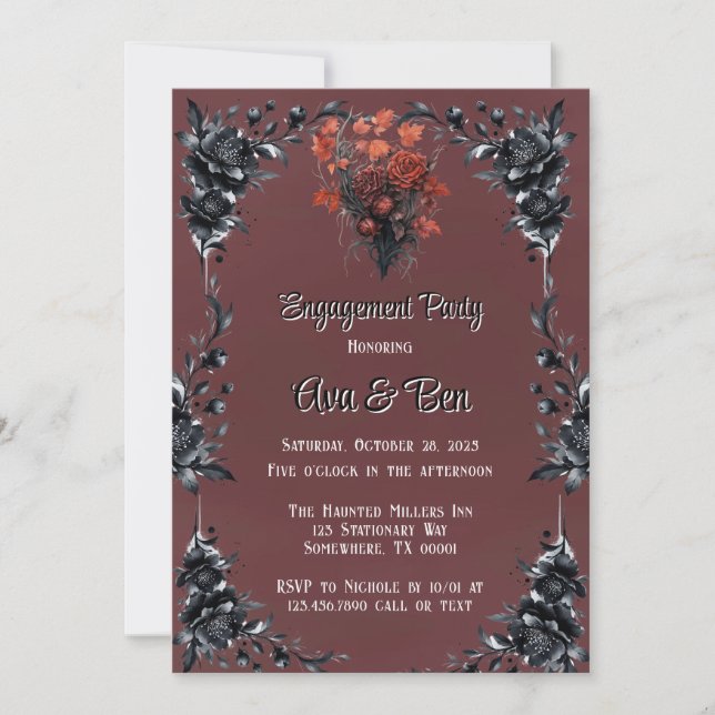 Blood Red Gothic Black Rose Engagement Party Invitation (Front)