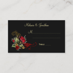 Blood Red Roses Baby's Breath Ribbons Place Cards