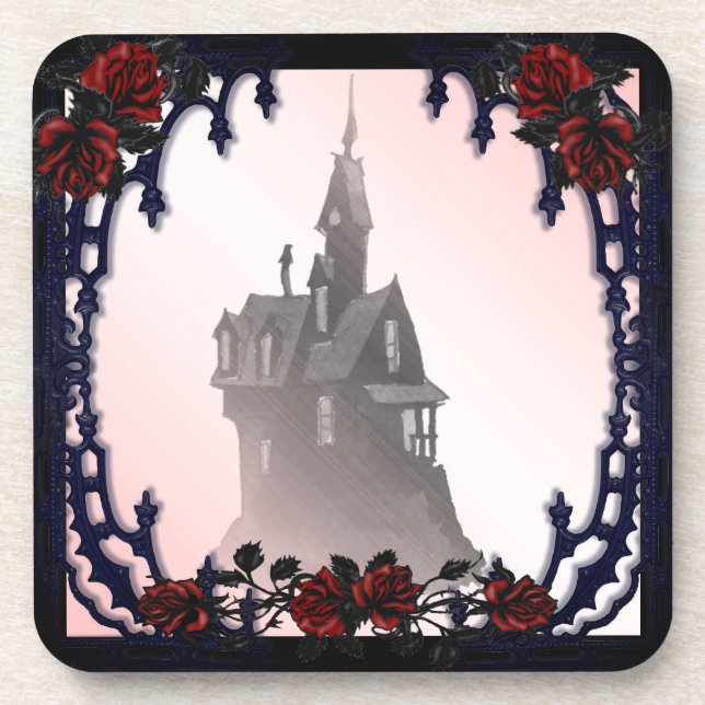 Blood Rose Gothic Mansion Halloween Coaster (Front)
