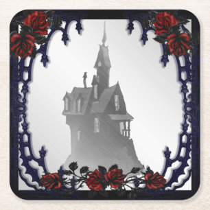 Blood Rose Gothic Mansion Halloween Square Paper Coaster