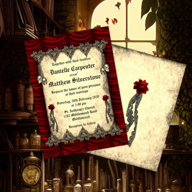 Blood Roses Red Silk and Gold Skulls Wedding Invitation (Creator Uploaded)