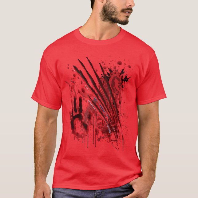 Blood Splatter Bloody Halloween Zombie Red Hand vi T-Shirt (Front)