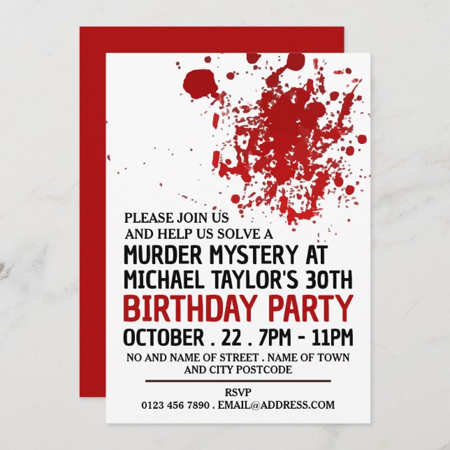 Blood Splatter, Murder Mystery Birthday Party Invitation (Front/Back)