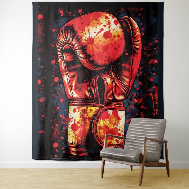 Blood-Splattered Red Boxing Gloves Dramatic Art Tapestry (In Situ)