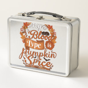 Blood Type Is Pumpkin Spice Halloween Black Cat Metal Lunch Box