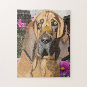 Bloodhound against Pink Cosmos Jigsaw Puzzle