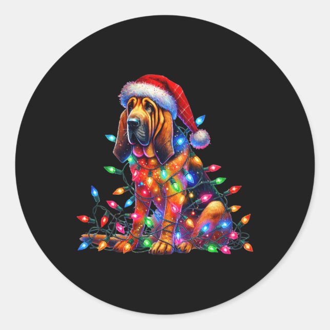 Bloodhound Christmas Lights Santa Hat Dog Lover  Classic Round Sticker (Front)