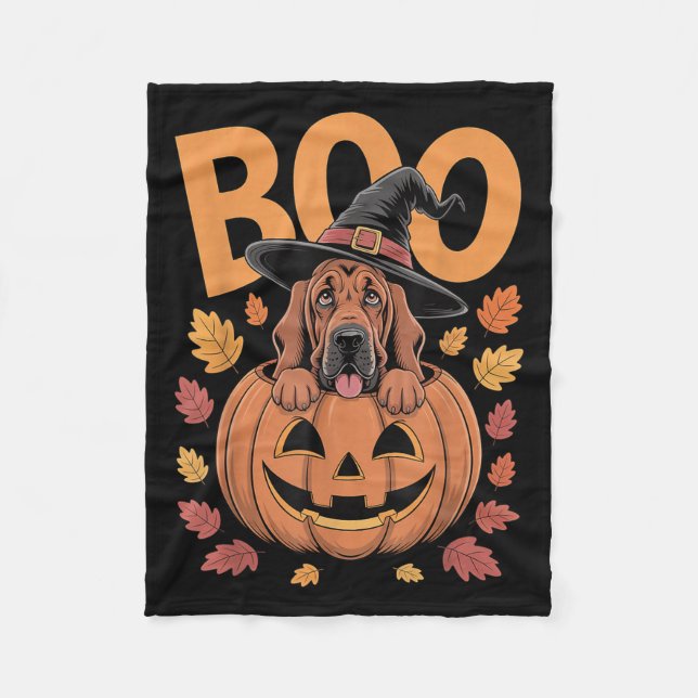 Bloodhound Costume On Pumpkin Halloween Bloodhound Fleece Blanket (Front)