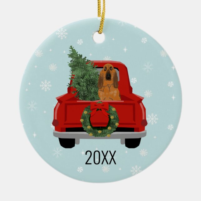 Bloodhound Dog Christmas Red Truck Ceramic Ornament (Front)