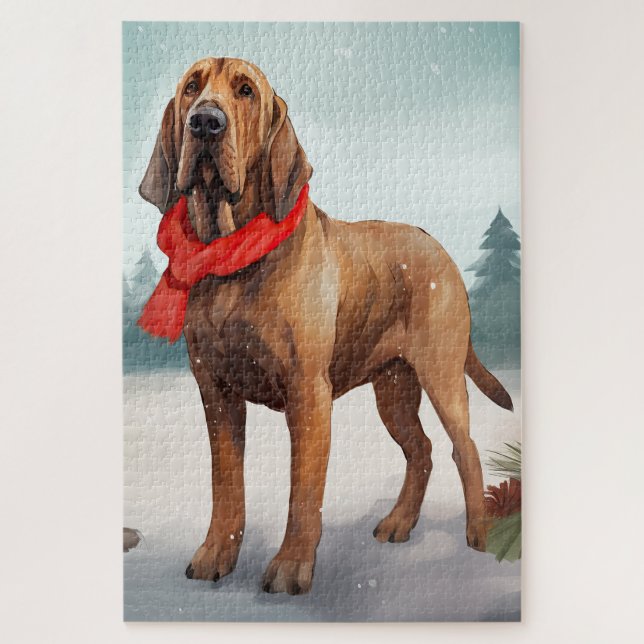 Bloodhound Dog in Snow Christmas Jigsaw Puzzle (Vertical)
